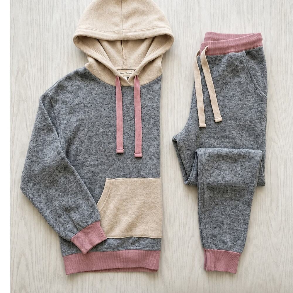 Vintage Havana Knit Loungewear Set Gray Pink Colorblock Sweatsuit Hoodie Joggers